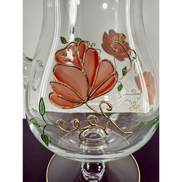 Bohemia Crystal Pitcher Hand Painted Roses 24K Gold Trim 82oz Pedestal - Picture 2 of 7
